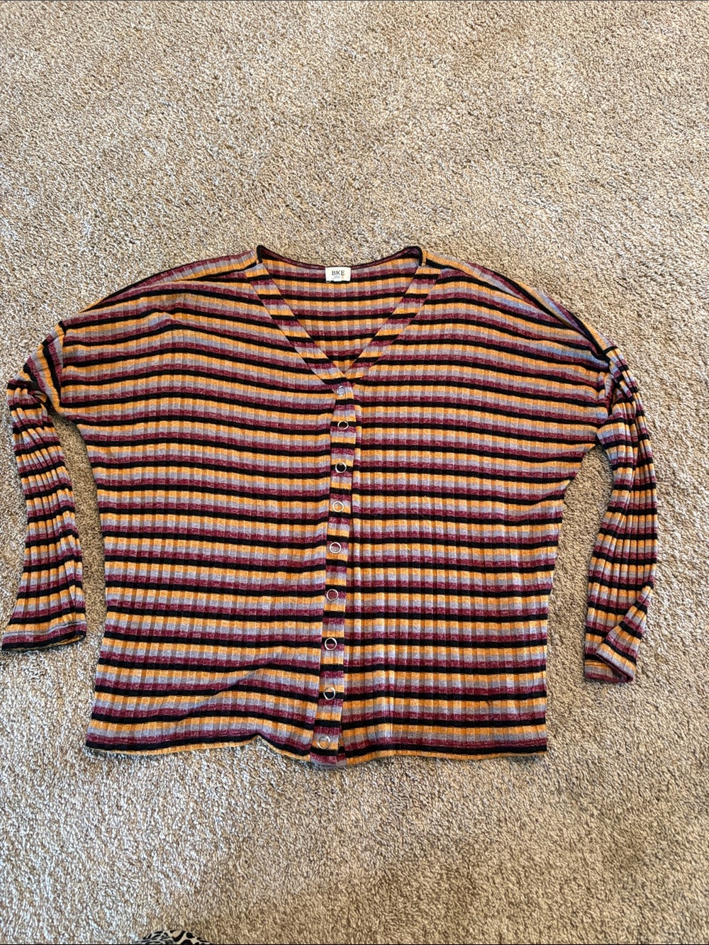 BKE Striped Button-Front Top in Burgundy, Mustard & Gray